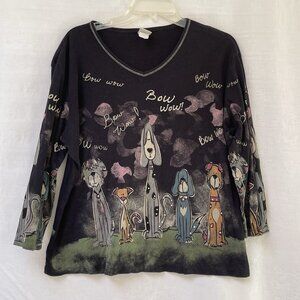 Jess And Jane Blouse Womens XL Black Cats Meow Rhinestone Art To Wear Cat Lover